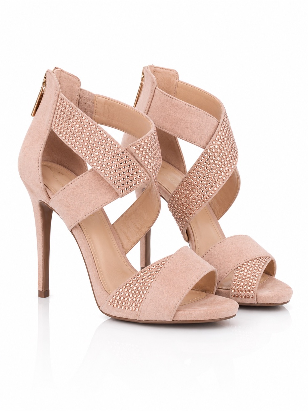 Blush Rhinestone Stiletto Sandals Back Zip Heels